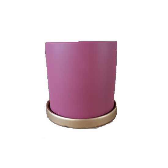 Pot Cylindrique Céramique percé Framboise avec Soucoupe dorée ø11 x H 11cm