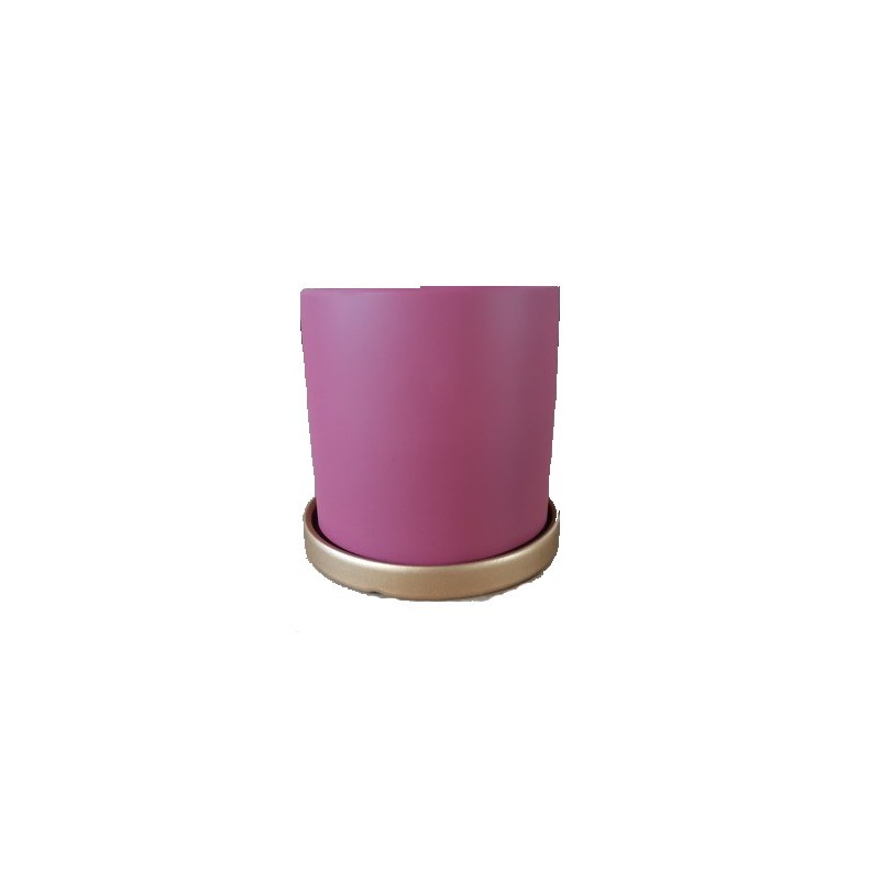 Pot Cylindrique Céramique percé Framboise avec Soucoupe dorée ø14 x H 14cm