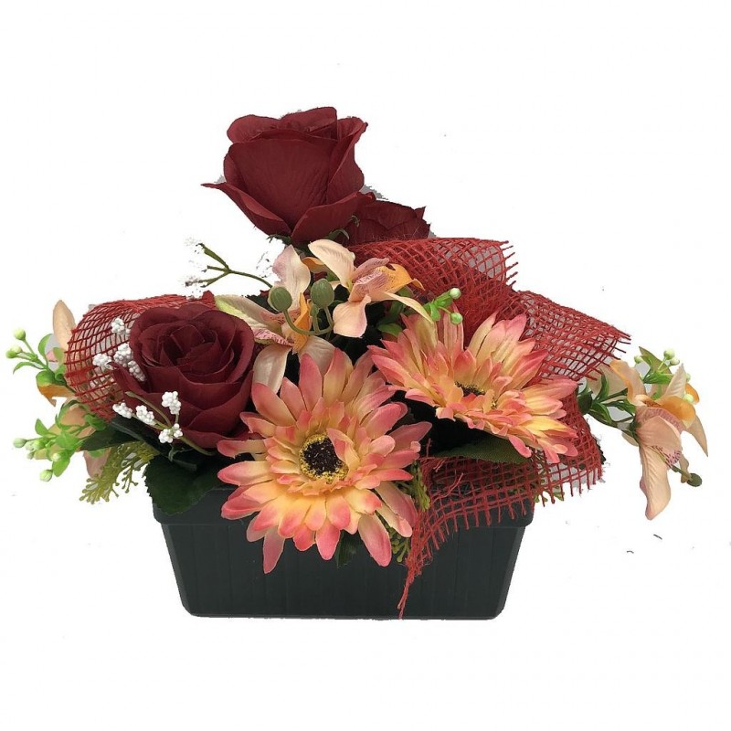 ***Composition florale funéraire - Jardinière - Collioure - Rouge L35cm