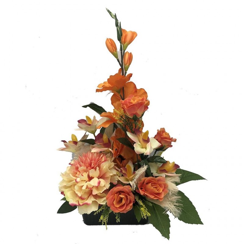 ***Composition florale funéraire - Jardinière - Rouen - Orange L30cm
