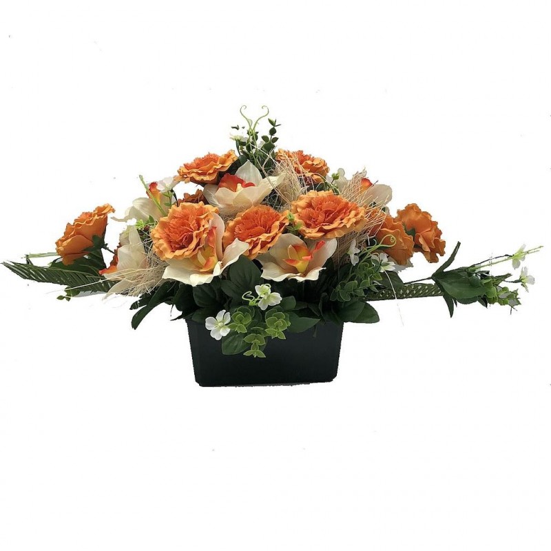 ***Composition florale funéraire - Jardinière - Ajaccio - Orange L70cm H30cm
