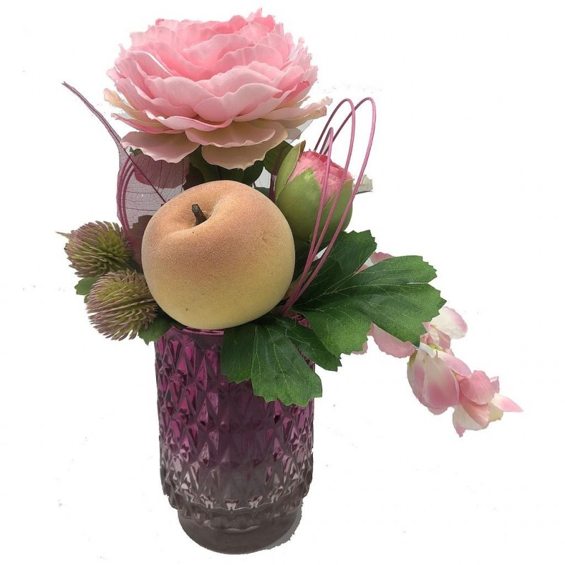 ***Composition florale décorative - Pot - Fruitée - Rose - H30cm