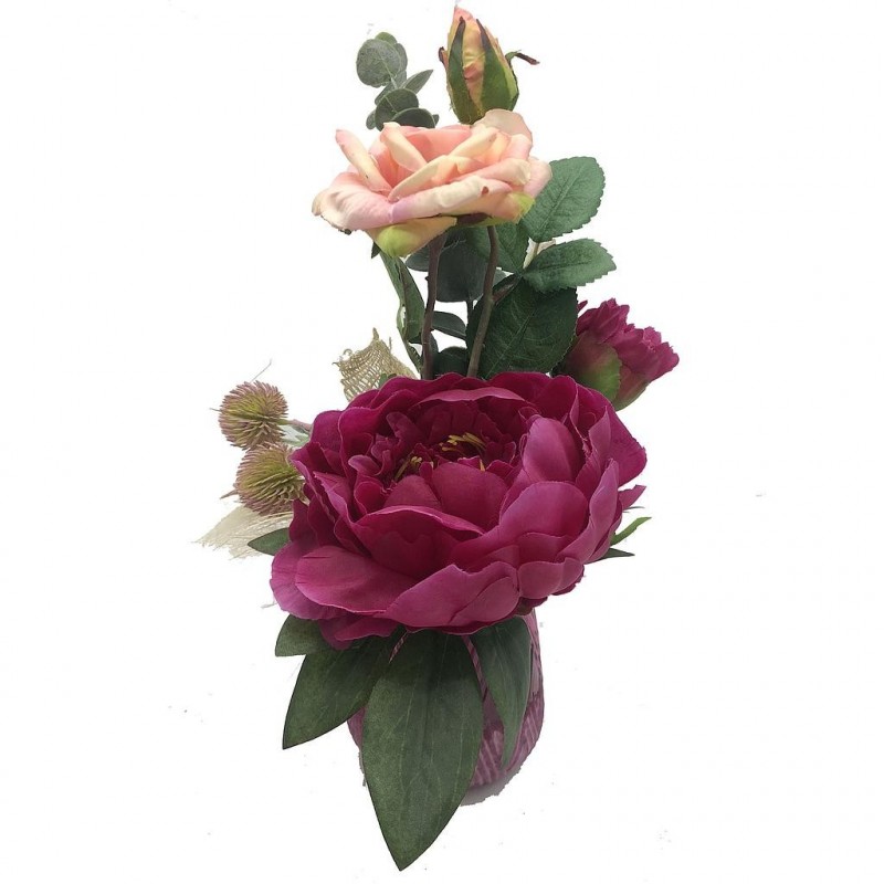 ***Composition florale décorative - Pot - Mélodie - Rose - H35cm
