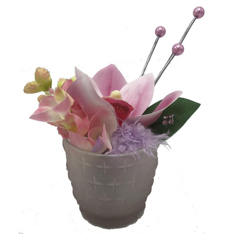 ***Composition florale décorative - Pot - Pétillante - Rose - H15cm