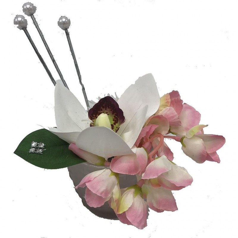 ***Composition florale décorative - Pot - Pétillante - Blanc - H15cm