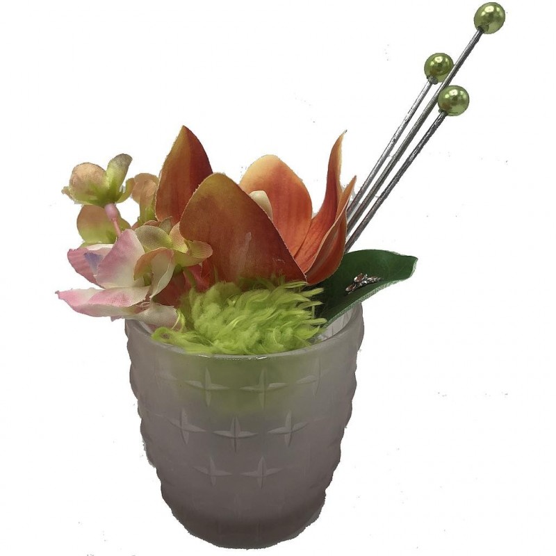 ***Composition florale décorative - Pot - Pétillante - Orange - H15cm