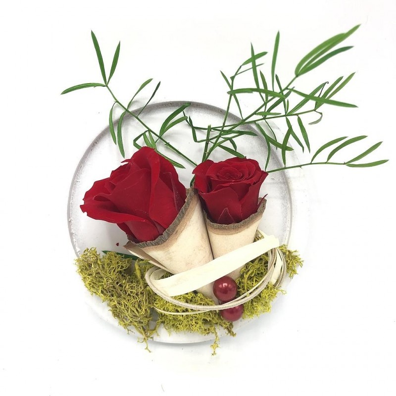***Composition florale décorative - Cadre de roses stabilisées - Poésie - Rouge - ∅11cm