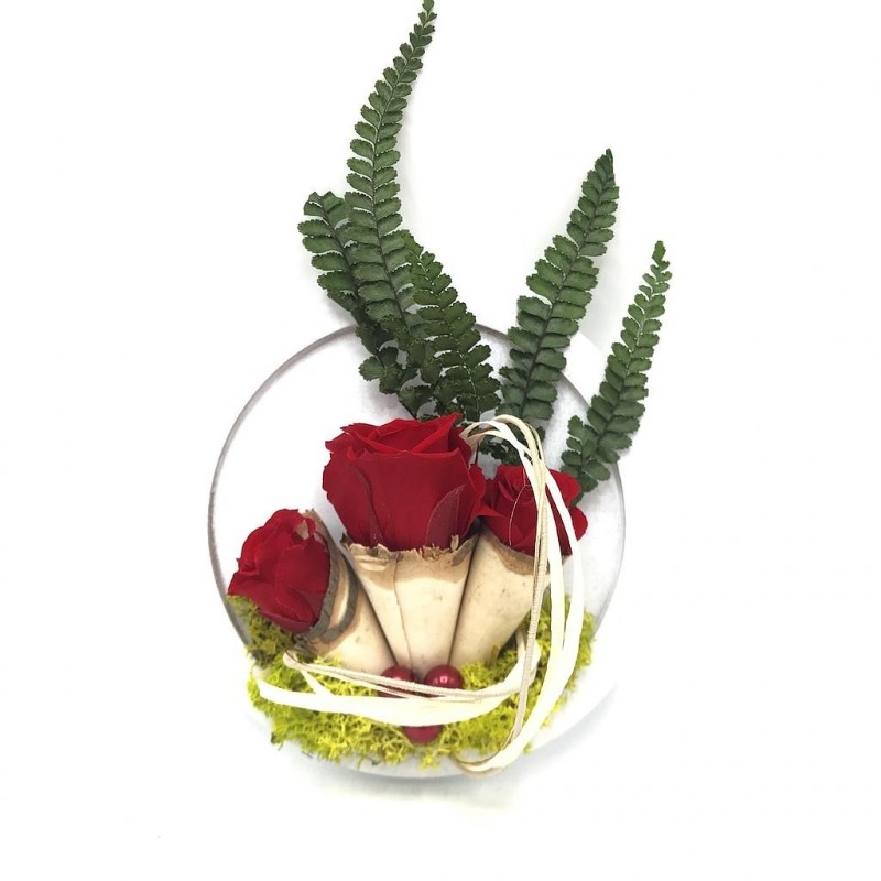 ***Composition florale décorative - Cadre de roses éternelles - Craquante - Rouge -  ∅13cm