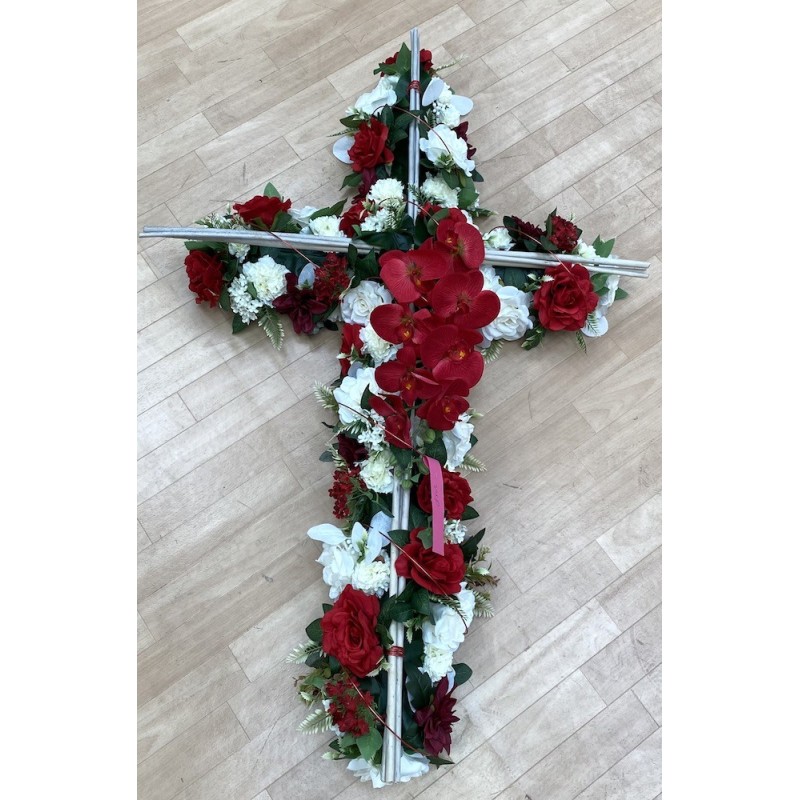 ***Composition florale funéraire - Croix - Stockholm - Rouge - H125cm