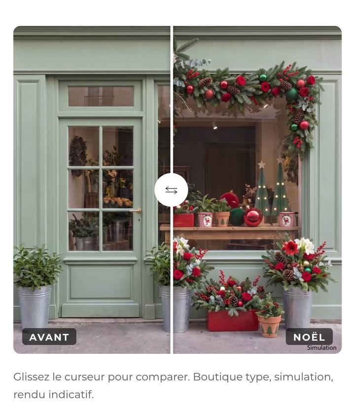 Décorer sa vitrine pour une fête : avant et après une décoration de Noël rouge et vert sapin, simulation