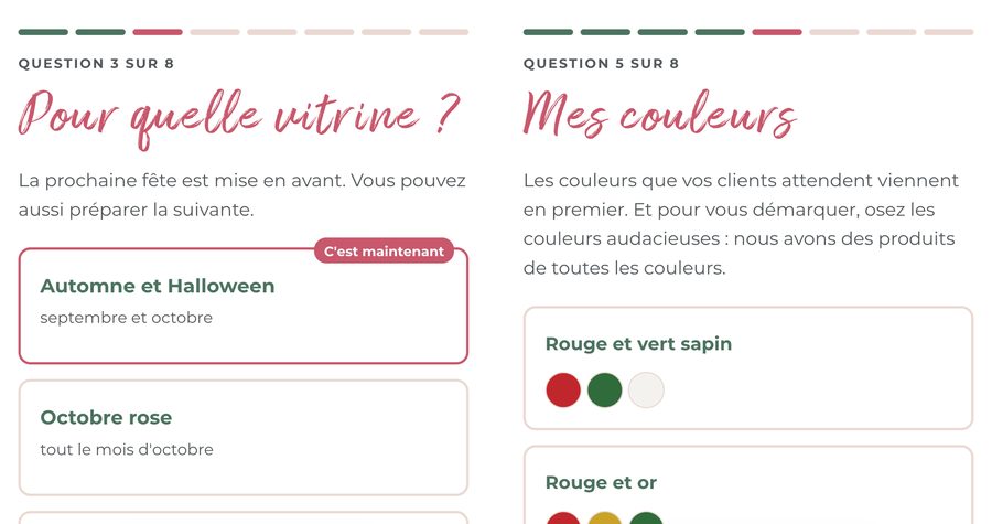 Questions de l'outil Idées pour ma vitrine : choix de la fête et choix des couleurs